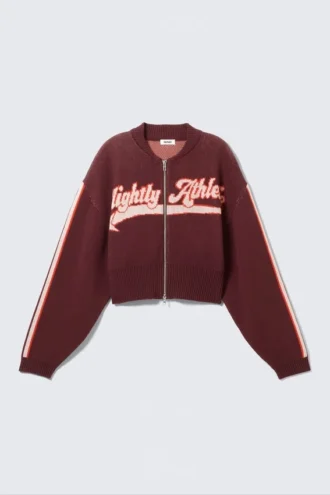 Kort jacquard-cardigan med lynlås – mørkerød – let atletisk