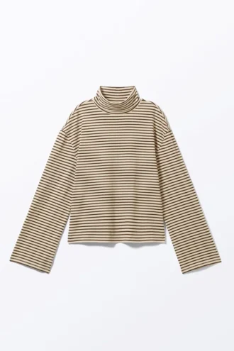 Kort, langærmet top med høj hals – beige og mørkebrune striber