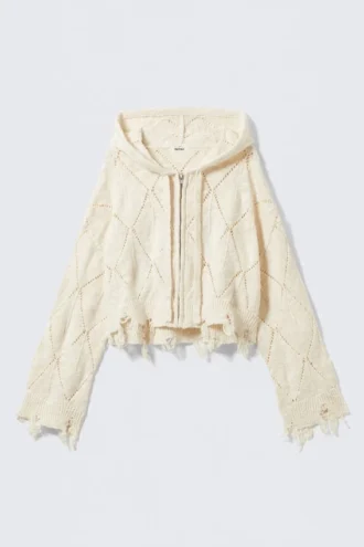 Kort pointelle-strikket hættetrøje med lynlås – off-white