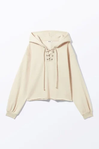 Kort snøret hættetrøje – Lys beige