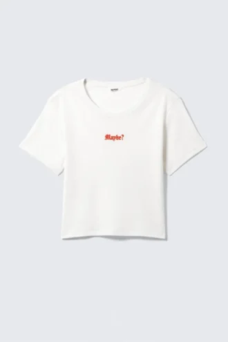 Kort T-shirt i bomuld med print – hvid – måske?