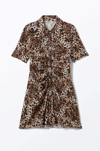 Kortærmet minikjole i skjorte-stil – Leopardmønster