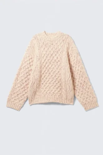 Lang trøje med struktur i kabelstrik – beige – lyserøde nopper