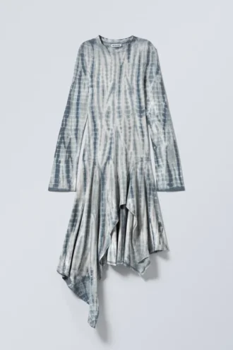 Langærmet asymmetrisk midi-kjole – mørkegrøn – tie-dye