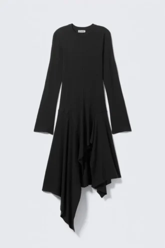 Langærmet asymmetrisk midi-kjole – sort