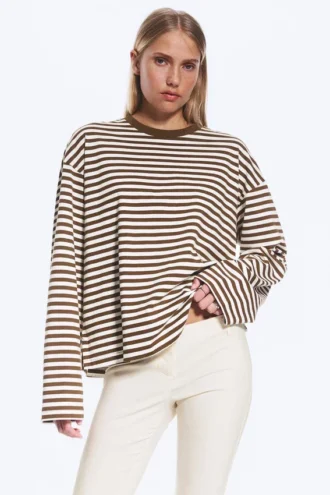 Langærmet bomulds-T-shirt – brune og hvide striber