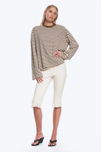 Langærmet bomulds-T-shirt – brune og hvide striber
