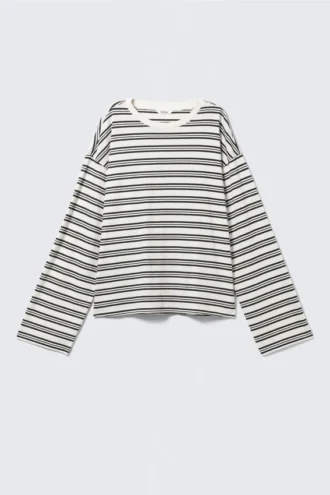Langærmet bomulds-T-shirt – hvid – sorte striber