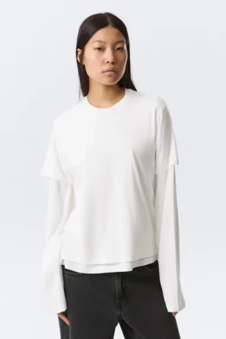 Langærmet bomulds-T-shirt i lag – hvid