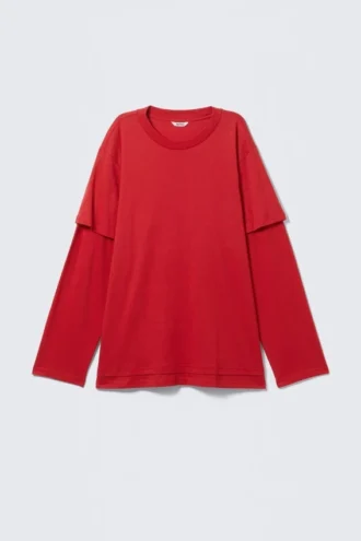 Langærmet bomulds-T-shirt i lag-på-lag-stil – lys rød