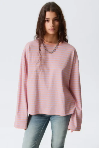Langærmet bomulds-T-shirt – koral/lilla striber