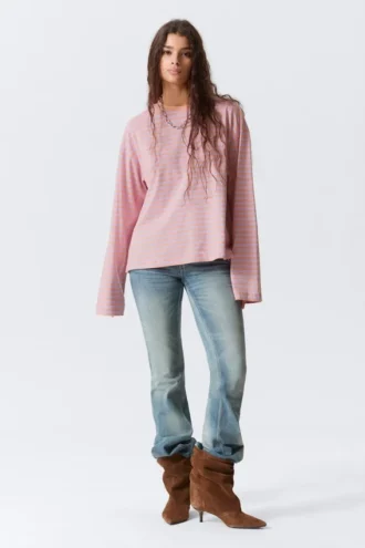 Langærmet bomulds-T-shirt – koral/lilla striber