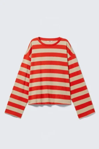 Langærmet bomulds-T-shirt – lyse røde og beige striber