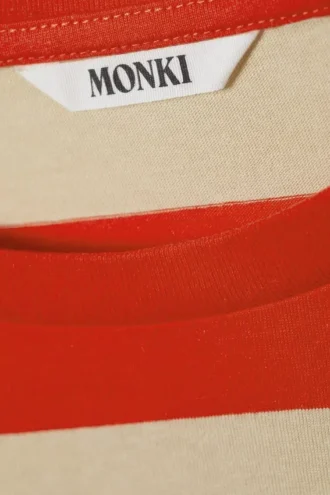 Langærmet bomulds-T-shirt – lyse røde og beige striber