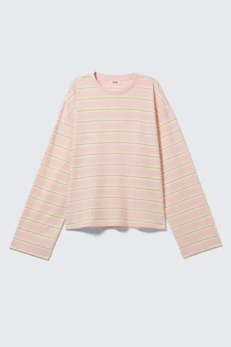 Langærmet bomulds-T-shirt – lyserød – gule striber