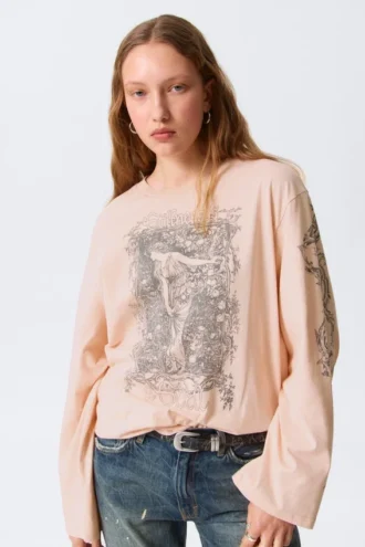 Langærmet bomulds-T-shirt med print – lyserød