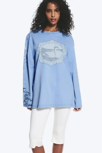 Langærmet bomulds-T-shirt med print – mellemblå – svane
