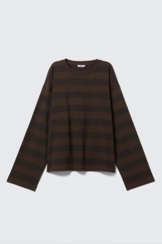 Langærmet bomulds-T-shirt – stribet mørkebrun