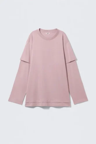 Langærmet bomuldst-shirt i lag-på-lag-look – lys støvet lyserød