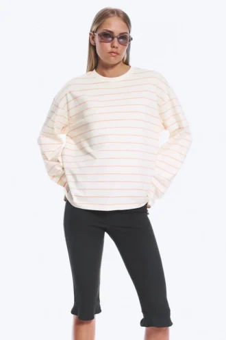 Langærmet bomuldst-shirt – lys beige – orange striber