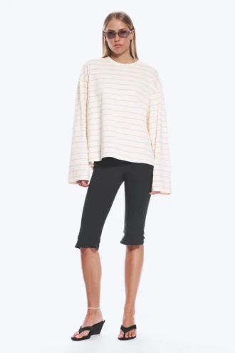 Langærmet bomuldst-shirt – lys beige – orange striber