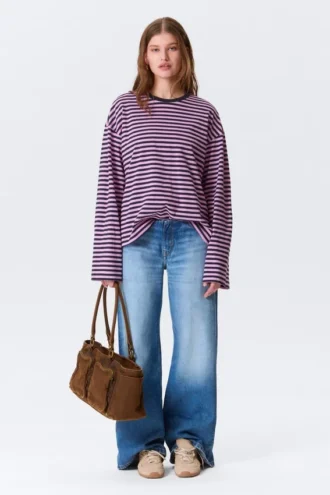Langærmet bomuldst-shirt – marineblå/lyserød stribe