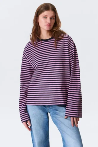 Langærmet bomuldst-shirt – marineblå/lyserød stribe