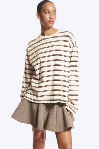 Langærmet bomuldst-shirt – støvet hvid – brune striber