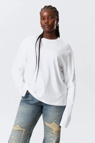 Langærmet, boxy bomulds-T-shirt – hvid