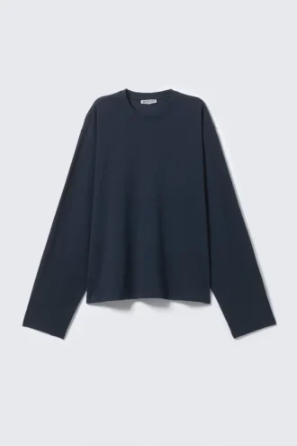 Langærmet, boxy bomulds-T-shirt – marineblå
