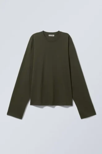 Langærmet, boxy bomulds-T-shirt – mørk khakigrøn