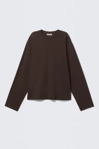 Langærmet, boxy bomulds-T-shirt – mørkebrun