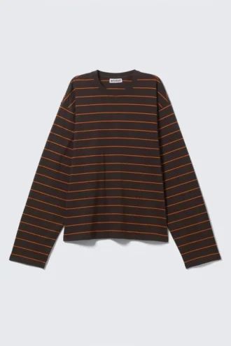 Langærmet, boxy bomulds-T-shirt – stribet mørkebrun
