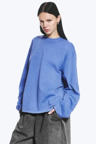 Langærmet, boxy bomulds-T-shirt – vasket blå