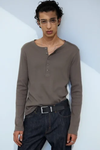 Langærmet Henley-T-shirt – mørk muldvarp