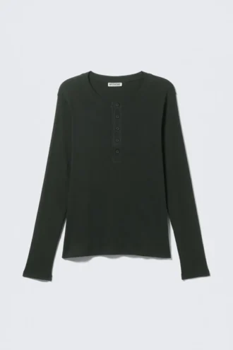 Langærmet Henley-T-shirt – mørkegrøn