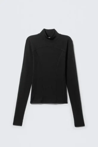 Langærmet mesh-top med høj hals – Sort
