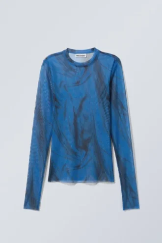 Langærmet mesh-top med print – lys blå – sorte streger