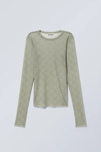 Langærmet mesh-top med print – mellembeige