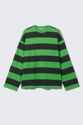 Langærmet oversized bomuldst-shirt – sort og grøn stribet