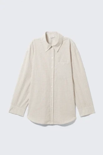 Langærmet oversized poplin-skjorte – ternet lys beige