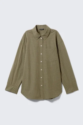 Langærmet oversized poplin-skjorte – ternet mørk khakigrøn