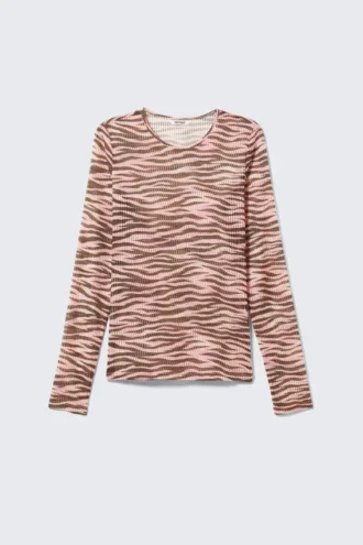 Langærmet printet mesh-top – tiger-stribet lyserød