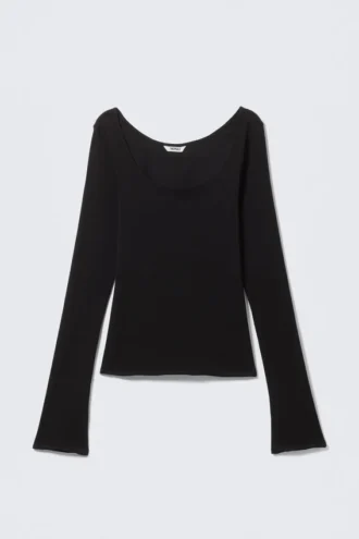 Langærmet slim fit-top med rund halsudskæring – sort