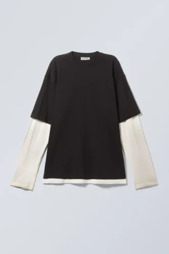 Langærmet T-shirt i dobbeltlag – sort og hvid