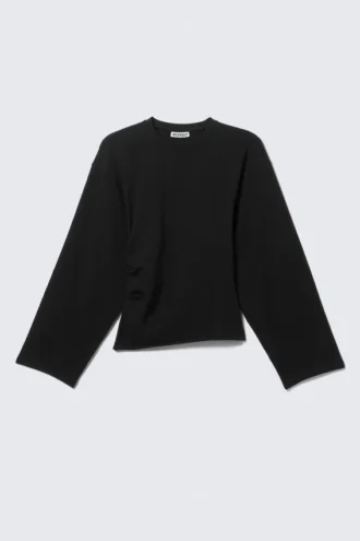 Langærmet T-shirt med rynker – Sort