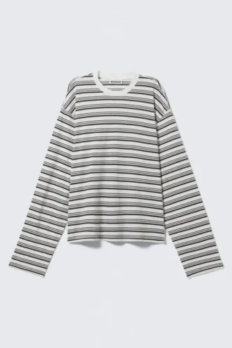 Langærmet T-shirt med striber i boxy fit – sorte og hvide striber