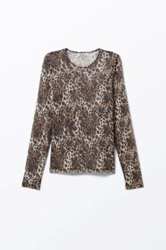 Langærmet top i printet mesh – leopardprint