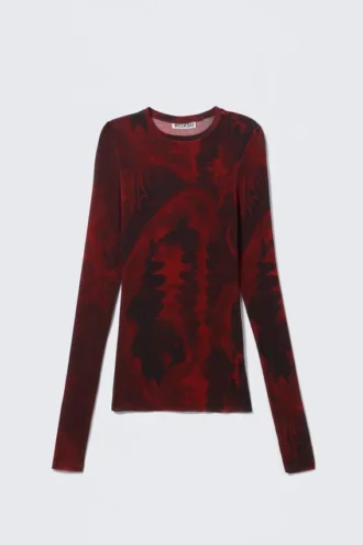 Langærmet top med print i slim fit – mørkerødt drageprint