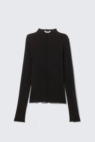 Langærmet top med rhinestones og høj hals – Sort – Rhinestones